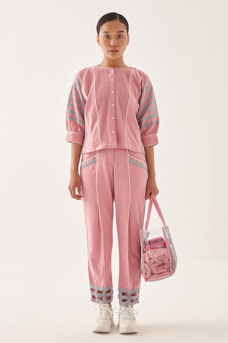 Shop_Cross A Line_Pink Cotton, Linen Round Neck Bine Shirt And Straight-fit Trouser Set _Online_at_Aza_Fashions