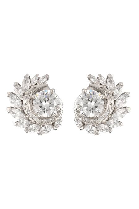 Shop Sica Jewellery White Diamonds, Crystals Moonshine Cubic Zirconia Embellished Stud Earrings at Aza Fashions Shop_Sica Jewellery_White Diamonds, Crystals Moonshine Cubic Zirconia Embellished Stud Earrings _at_Aza_Fashions