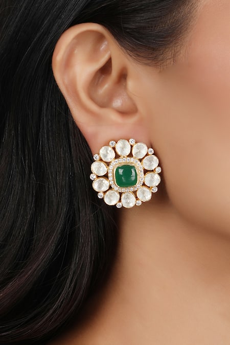 Buy New Model Gold Plated Emerald Stone Daily Use Guarantee Stud Earrings