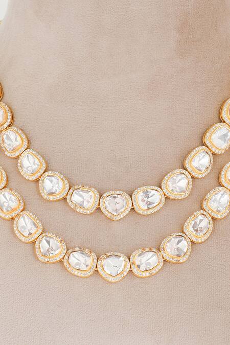 Sica Jewellery_Yellow Diamonds, Crystals Double Line Polki Embellished Necklace Set _Online_at_Aza_Fashions