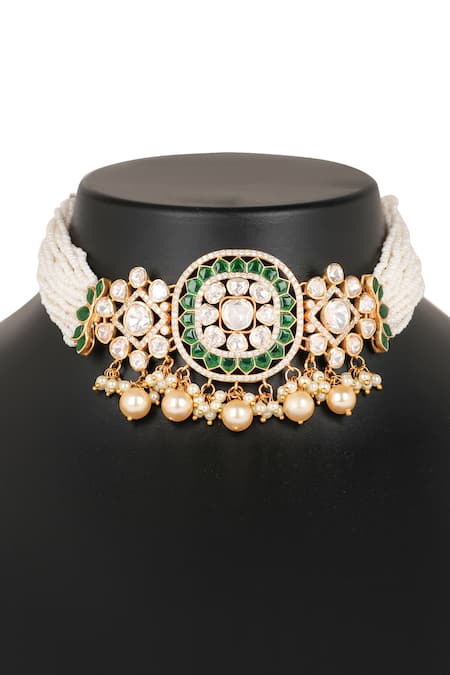 Sica Jewellery_Green Zari, Pearls Polki Embellished Choker Necklace Set _Online_at_Aza_Fashions
