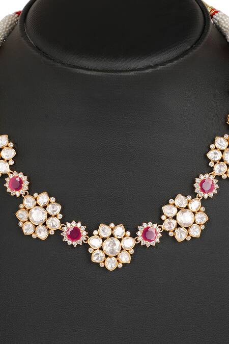 Sica Jewellery_Pink Diamonds, Stones Floral Pattern Moissanite Polki Embellished Necklace Set _Online_at_Aza_Fashions