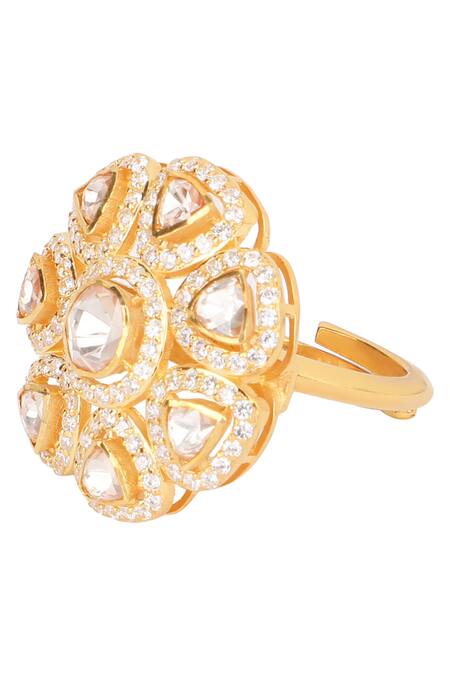 Sica Jewellery_Yellow Diamonds, Rhinestones Moissanite Polki Embellished Ring _Online_at_Aza_Fashions