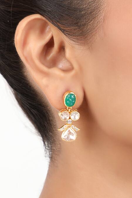 Sica Jewellery_Green Zari, Diamonds Moissanite Polki And Carved Stones Embellished Necklace Set _Online_at_Aza_Fashions