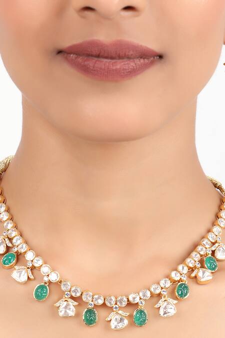 Buy_Sica Jewellery_Green Zari, Diamonds Moissanite Polki And Carved Stones Embellished Necklace Set _Online_at_Aza_Fashions