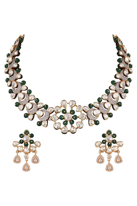 Sica Jewellery Green Moissanite Polki And Stones Embellished Necklace Set