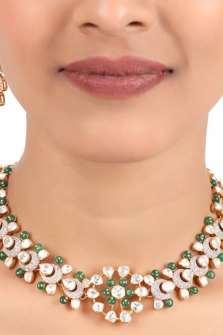 Buy Sica Jewellery Green Zari, Diamonds Moissanite Polki And Stones Embellished Necklace Set Online at Aza Fashions Buy_Sica Jewellery_Green Zari, Diamonds Moissanite Polki And Stones Embellished Necklace Set _Online_at_Aza_Fashions