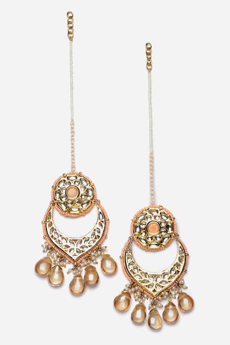 Dugran By Dugristyle_Peach Pearls, Stones, Diamonds Mughal Kundan Embellished Chandbalis _Online_at_Aza_Fashions
