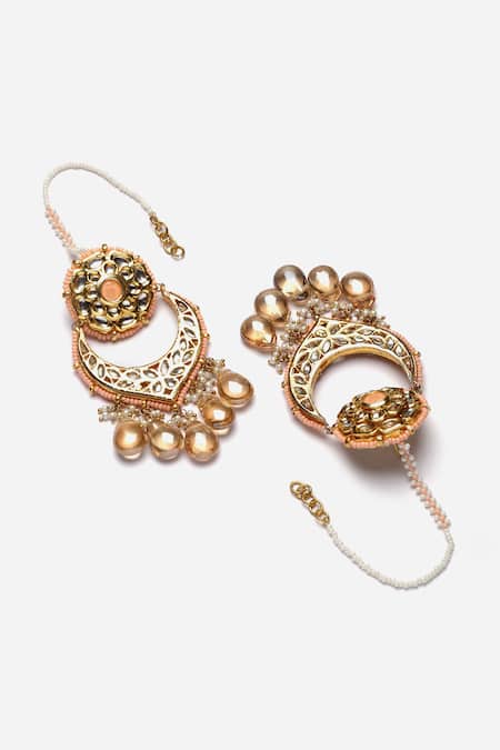 Buy_Dugran By Dugristyle_Peach Pearls, Stones, Diamonds Mughal Kundan Embellished Chandbalis _Online_at_Aza_Fashions