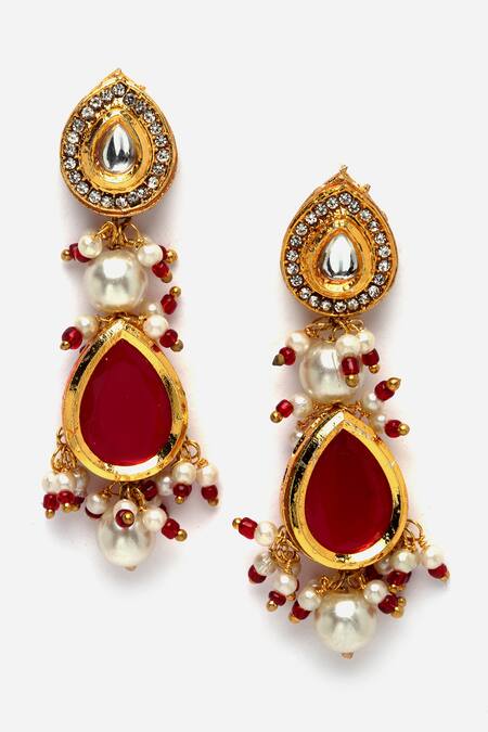 Dugran By Dugristyle Red Pearls, Fabric Flowers Tear Drop Embellished Dangler Earrings Online at Aza Fashions Dugran By Dugristyle_Red Pearls, Fabric Flowers Tear Drop Embellished Dangler Earrings _Online_at_Aza_Fashions