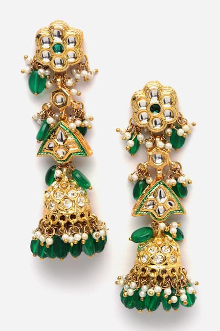Dugran By Dugristyle Green Pearls, Fabric Flowers, Stones Kundan And Embellished Jhumkas Online at Aza Fashions Dugran By Dugristyle_Green Pearls, Fabric Flowers, Stones Kundan And Embellished Jhumkas _Online_at_Aza_Fashions
