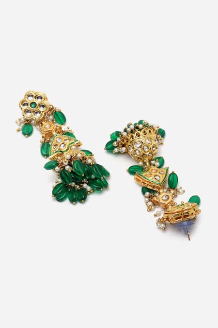 Buy Dugran By Dugristyle Green Pearls, Fabric Flowers, Stones Kundan And Embellished Jhumkas Online at Aza Fashions Buy_Dugran By Dugristyle_Green Pearls, Fabric Flowers, Stones Kundan And Embellished Jhumkas _Online_at_Aza_Fashions