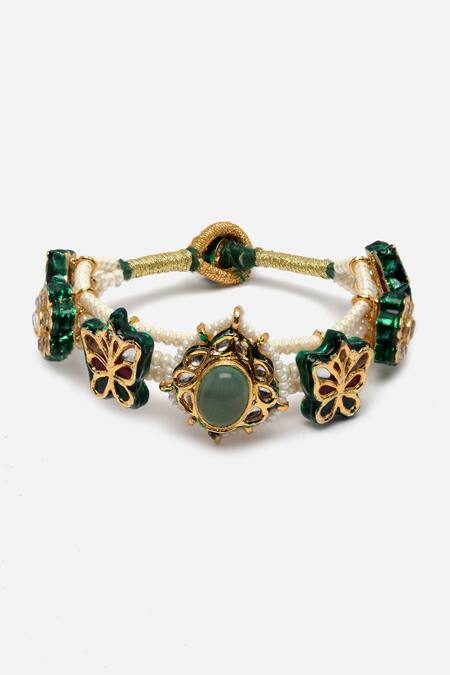 Dugran By Dugristyle_Green Pearls, Fabric Flowers, Stones Faux Emerald Embellished Bracelet_Online_at_Aza_Fashions