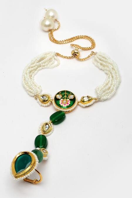 Dugran By Dugristyle_Green Pearls Floral Meenakari Work Haathphool _Online_at_Aza_Fashions