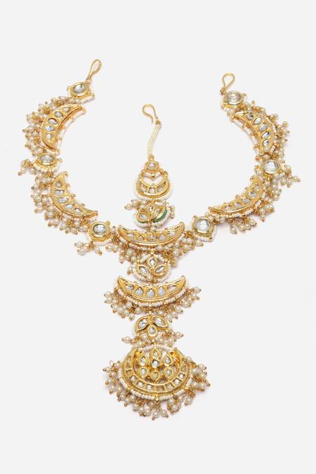 Dugran By Dugristyle Gold Plated Kundan And Pearl Embellished Mathapatti Online at Aza Fashions Dugran By Dugristyle_Gold Plated Kundan And Pearl Embellished Mathapatti _Online_at_Aza_Fashions