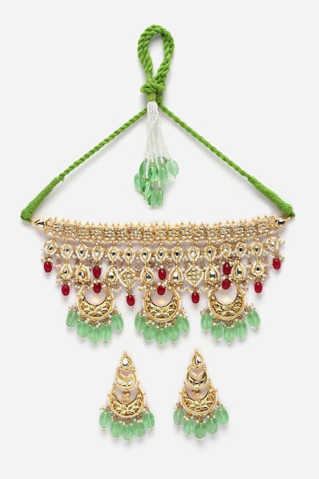 Dugran By Dugristyle_Multi Color Pearls, Kundan And Natural Stone Embellished Choker Necklace Set _Online_at_Aza_Fashions