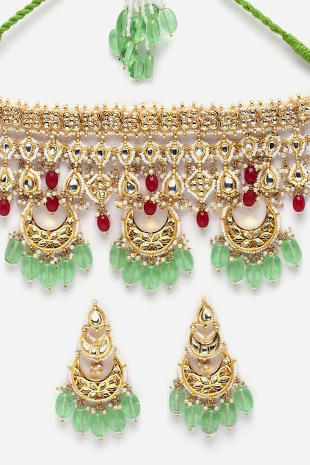 Buy_Dugran By Dugristyle_Multi Color Pearls, Kundan And Natural Stone Embellished Choker Necklace Set _Online_at_Aza_Fashions