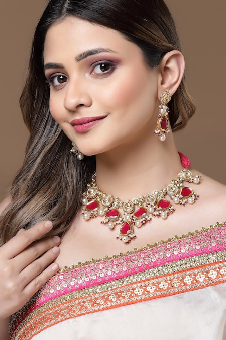 Dugran By Dugristyle Kundan & Faux Ruby Embellished Necklace Set 