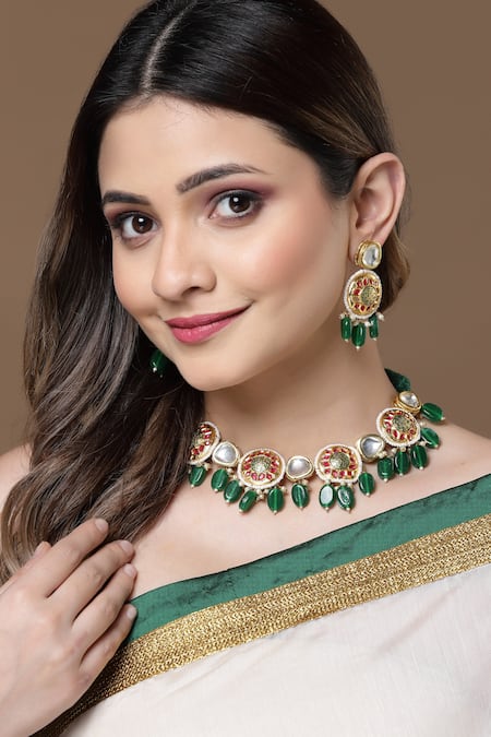 Dugran By Dugristyle Natural Stone & Kundan Embellished Necklace Set 