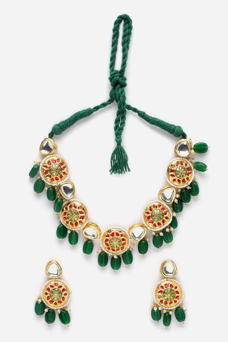 Dugran By Dugristyle_Green Pearls, Stones, Diamonds Natural And Kundan Embellished Necklace Set _Online_at_Aza_Fashions
