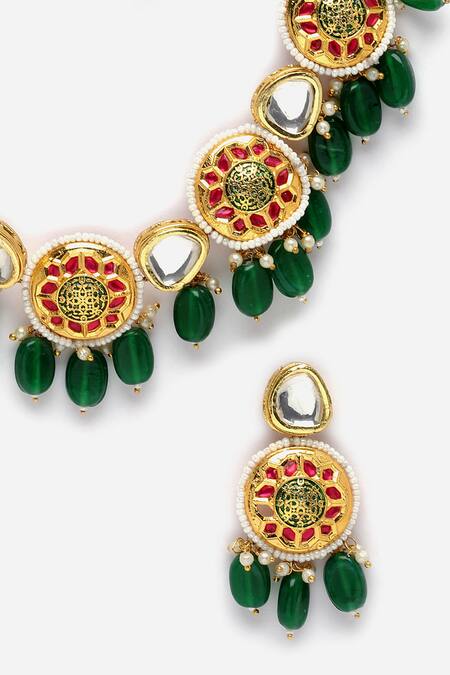 Buy_Dugran By Dugristyle_Green Pearls, Stones, Diamonds Natural And Kundan Embellished Necklace Set _Online_at_Aza_Fashions