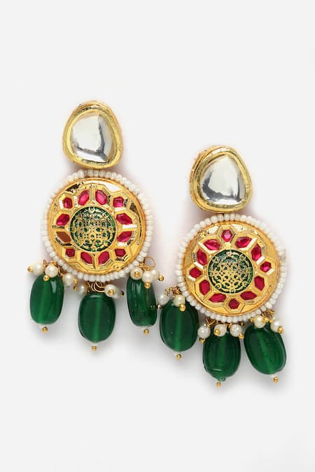 Shop_Dugran By Dugristyle_Green Pearls, Stones, Diamonds Natural And Kundan Embellished Necklace Set _Online_at_Aza_Fashions