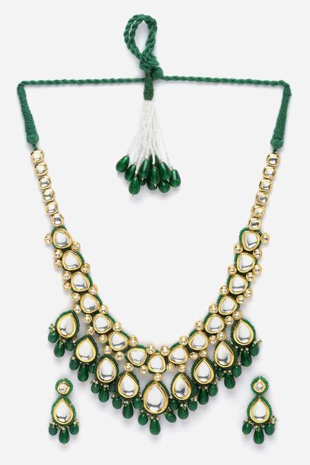 Dugran By Dugristyle_Green Pearls, Fabric Flowers, Stones Natural Embellished Necklace Set _Online_at_Aza_Fashions