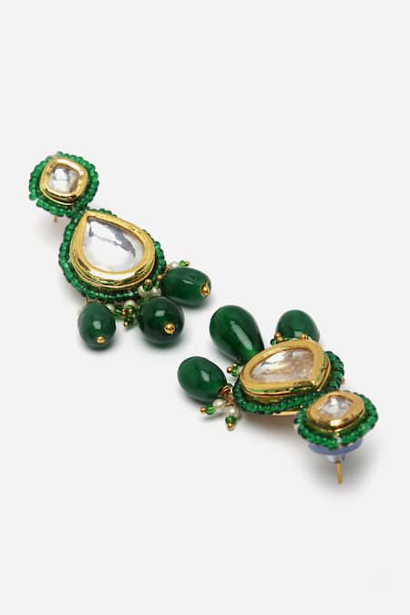 Dugran By Dugristyle_Green Pearls, Fabric Flowers, Stones Natural Embellished Necklace Set _at_Aza_Fashions