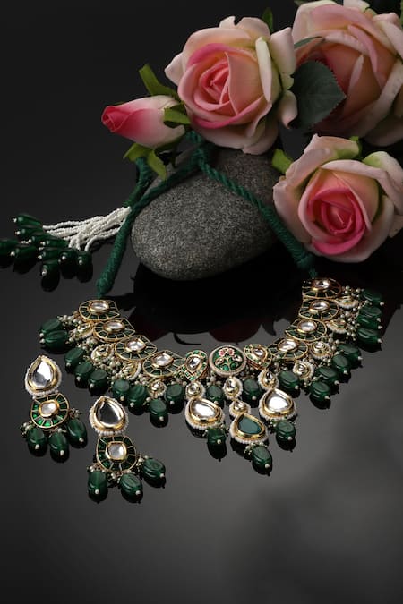 Beautiful Diamond Finish AD And Green Stone Medium Length Necklace Set –  SaiSuji Collections
