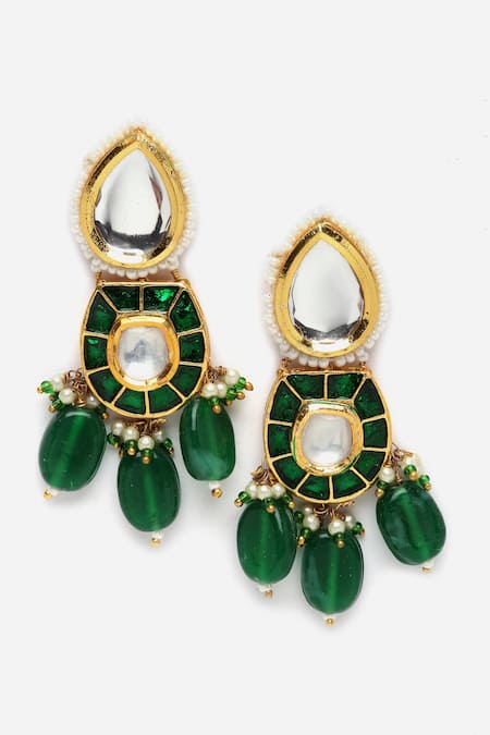 Shop_Dugran By Dugristyle_Green Pearls, Metallic Thread Natural Stone Embellished Choker Necklace Set _Online_at_Aza_Fashions