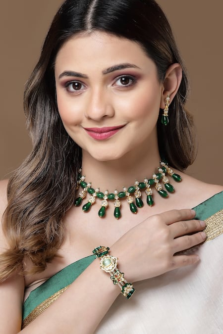 Dugran By Dugristyle Natural Stone & Kundan Embellished Choker Necklace Set 