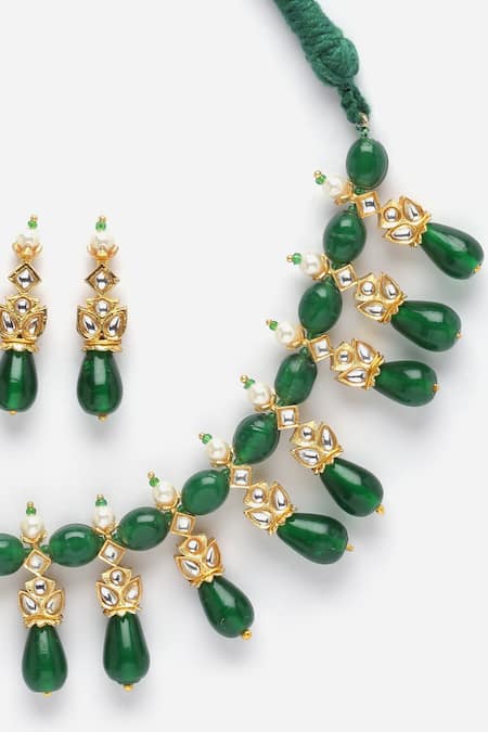 Buy_Dugran By Dugristyle_Green Fabric Flowers, Pearls, Natural And Kundan Embellished Choker Necklace Set _Online_at_Aza_Fashions