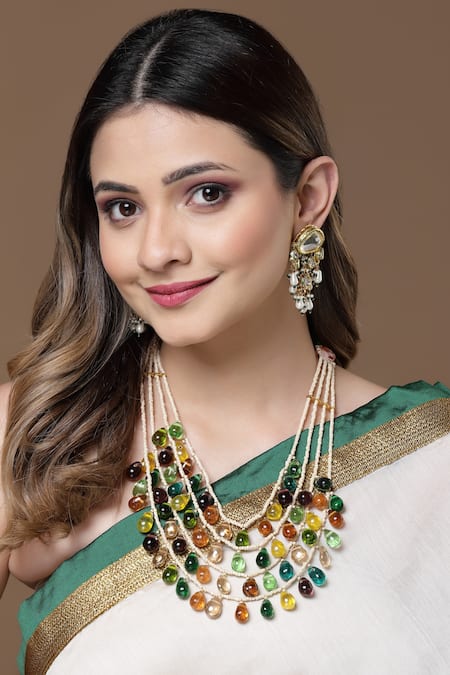 Shop Dugran By Dugristyle Multi Color Natural Stone And Kundan Embellished Layered Necklace at Aza Fashions Shop_Dugran By Dugristyle_Multi Color Natural Stone And Kundan Embellished Layered Necklace _at_Aza_Fashions