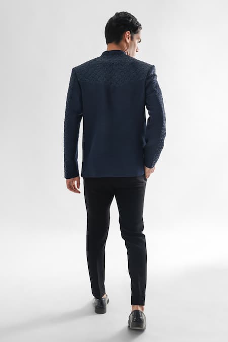 PAARSH_Blue Terrycloth Embroidery Bandhgala And Trouser Set _Online_at_Aza_Fashions