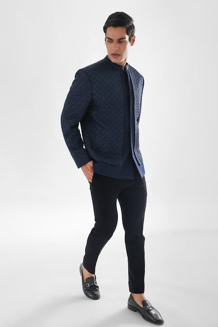 Shop_PAARSH_Blue Terrycloth Embroidery Bandhgala And Trouser Set _Online_at_Aza_Fashions