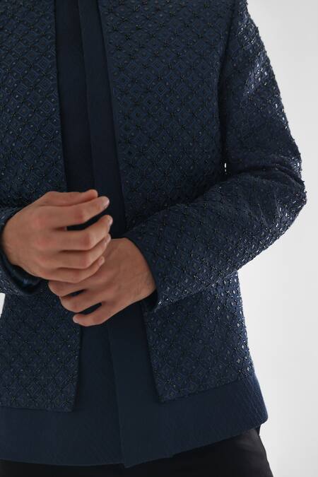 PAARSH_Blue Terrycloth Embroidery Bandhgala And Trouser Set _at_Aza_Fashions