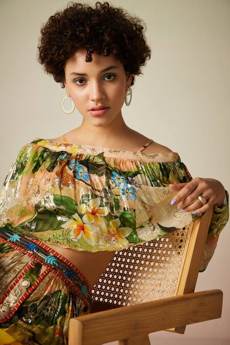 Verb By Pallavi Singhee_Multi Color Viscose, Georgette, Lurex Open Printed Shimmer Off Shoulder Blouse _Online_at_Aza_Fashions