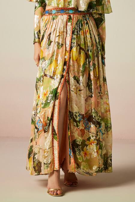 Verb By Pallavi Singhee Multi Color Viscose, Georgette Embroidery Floral Print Shimmer Skirt Online at Aza Fashions Verb By Pallavi Singhee_Multi Color Viscose, Georgette Embroidery Floral Print Shimmer Skirt _Online_at_Aza_Fashions