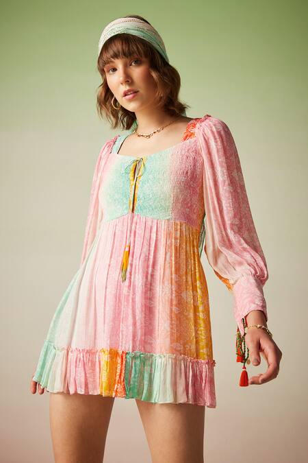 Verb By Pallavi Singhee_Multi Color Viscose, Georgette Embroidery Scoop Neck Smocked Mini Dress_Online_at_Aza_Fashions