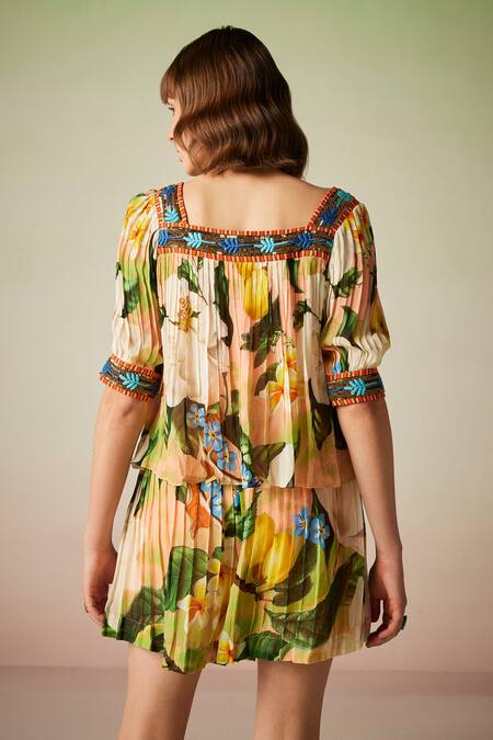 Shop Verb By Pallavi Singhee Multi Color Polyester Embroidery Floral Print Pleated Shorts at Aza Fashions Shop_Verb By Pallavi Singhee_Multi Color Polyester Embroidery Floral Print Pleated Shorts_at_Aza_Fashions