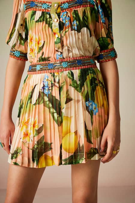 Verb By Pallavi Singhee Multi Color Polyester Embroidery Floral Print Pleated Shorts Online at Aza Fashions Verb By Pallavi Singhee_Multi Color Polyester Embroidery Floral Print Pleated Shorts_Online_at_Aza_Fashions