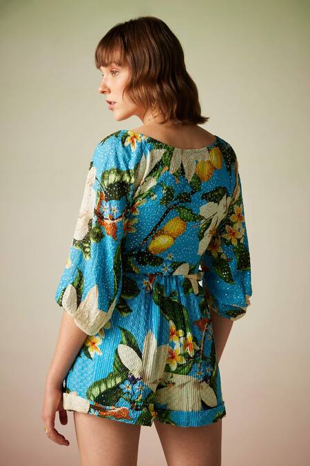 Shop Verb By Pallavi Singhee Multi Color Georgette Sequins V-neck Floret Print And Work Blouse at Aza Fashions Shop_Verb By Pallavi Singhee_Multi Color Georgette Sequins V-neck Floret Print And Work Blouse_at_Aza_Fashions