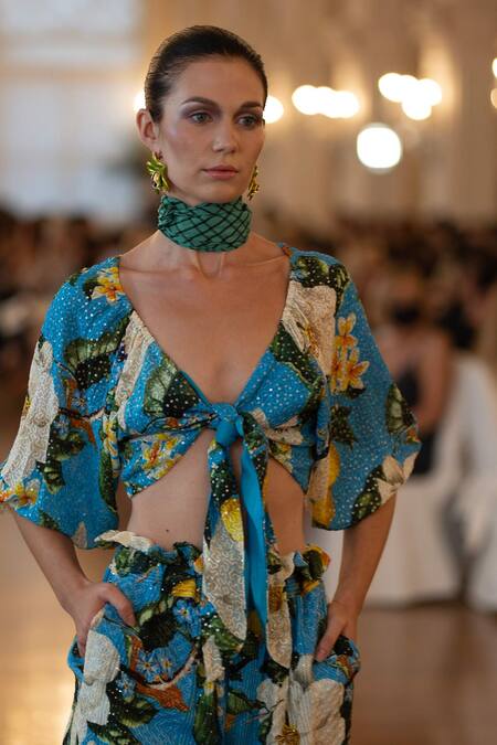 Verb By Pallavi Singhee Multi Color Georgette Sequins V-neck Floret Print And Work Blouse Online at Aza Fashions Verb By Pallavi Singhee_Multi Color Georgette Sequins V-neck Floret Print And Work Blouse_Online_at_Aza_Fashions