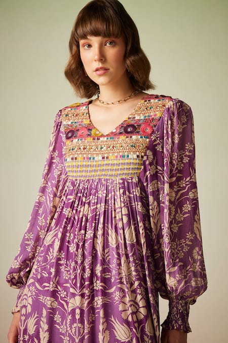 Verb By Pallavi Singhee_Purple Viscose, Lurex, Georgette Embroidery Floret Print Puff Sleeve Dress _Online_at_Aza_Fashions