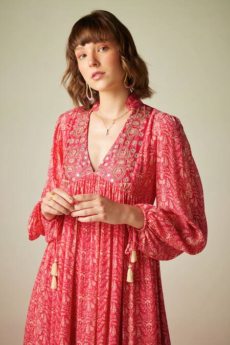 Verb By Pallavi Singhee_Multi Color Cotton, Chiffon Tassels Mandarin Botanic Print Puff Sleeve Dress_Online_at_Aza_Fashions