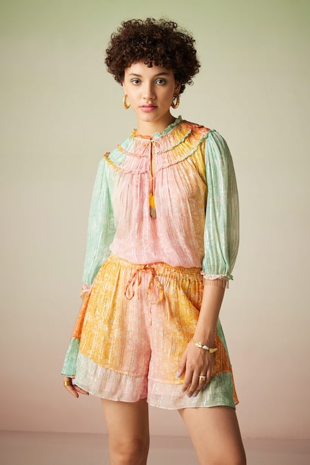Verb by Pallavi Singhee Multi Color Viscose Lurex Georgette Printed Botanic Frill Pattern Top 