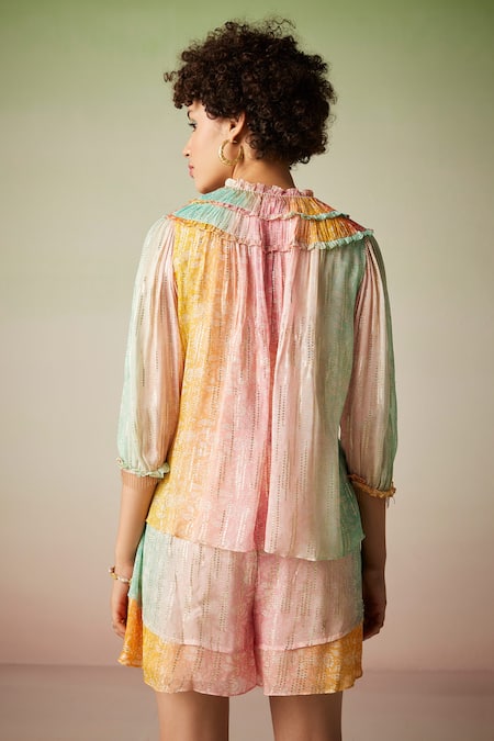 Shop Verb By Pallavi Singhee Multi Color Viscose, Georgette, Lurex Embroidery Botanic Pattern Top at Aza Fashions Shop_Verb By Pallavi Singhee_Multi Color Viscose, Georgette, Lurex Embroidery Botanic Pattern Top_at_Aza_Fashions