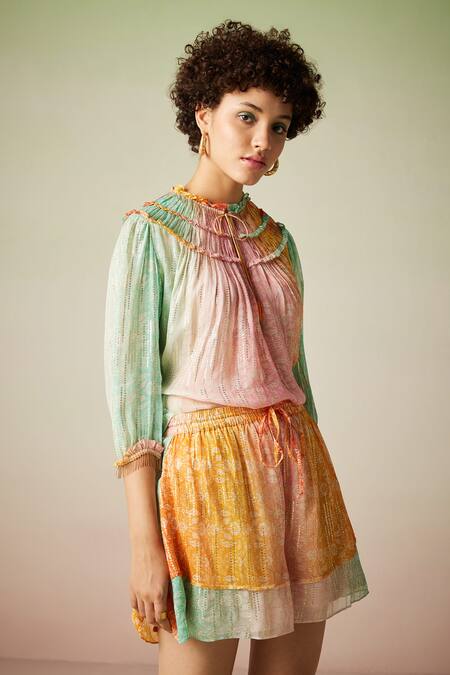 Verb By Pallavi Singhee Multi Color Viscose, Georgette, Lurex Embroidery Botanic Pattern Top Online at Aza Fashions Verb By Pallavi Singhee_Multi Color Viscose, Georgette, Lurex Embroidery Botanic Pattern Top_Online_at_Aza_Fashions