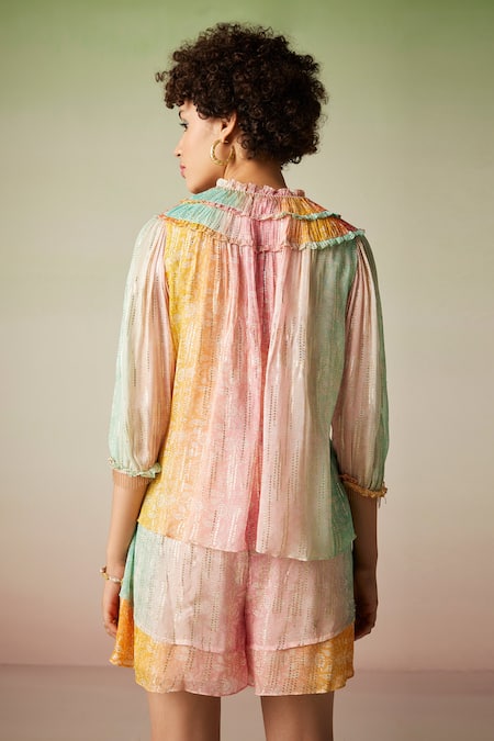 Shop Verb By Pallavi Singhee Multi Color Viscose, Georgette Botanic Pattern Shorts at Aza Fashions Shop_Verb By Pallavi Singhee_Multi Color Viscose, Georgette Botanic Pattern Shorts _at_Aza_Fashions