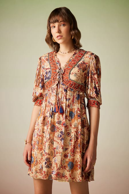 Verb By Pallavi Singhee_Multi Color Viscose, Lurex, Georgette Tassels V-neck Botanic Pattern Dress _Online_at_Aza_Fashions